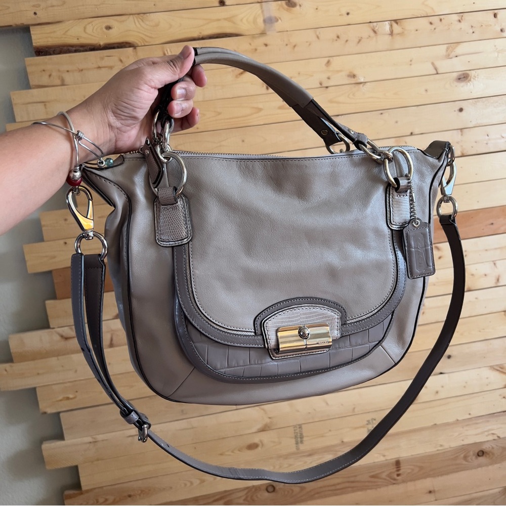 Coach Kristin Spectator Gray Taupe Leather Croc Trim Zip Satchel Crossbody Bag - Picture 14 of 14